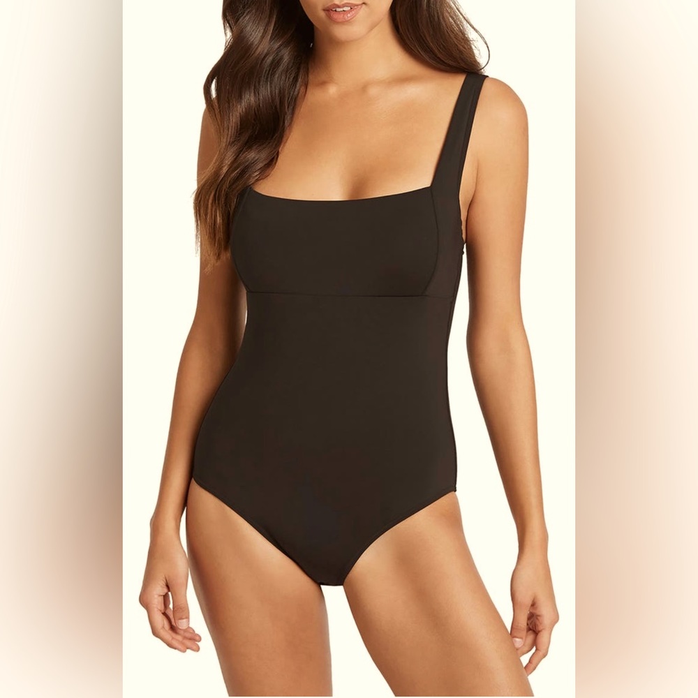 NWT Sea Level US 4 Square Neck One Piece Swimsuit High Leg Black Adjustable